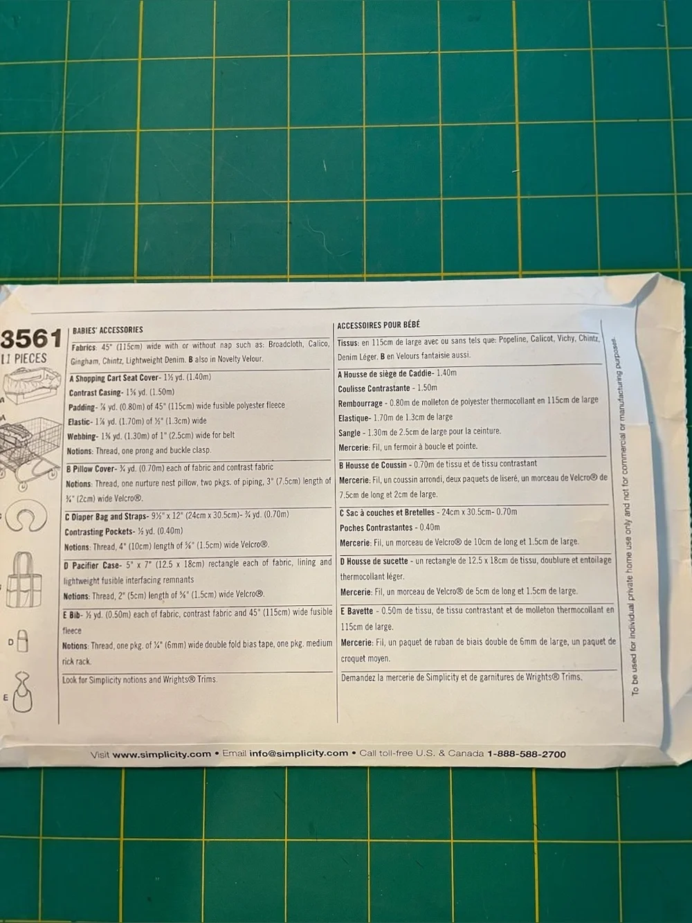 3561 Simplicity Sewing Patterns for Dummies.  Baby accessories.